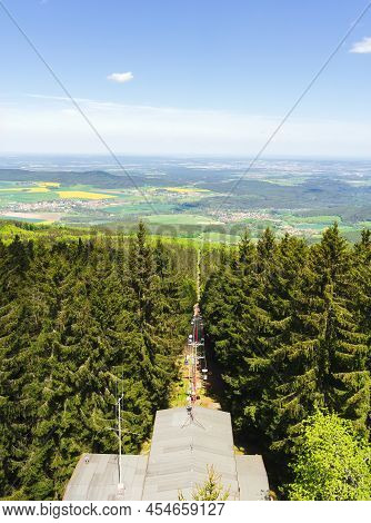 Aerial View To Village Kremze And Holubov From Lookout Tower Klet With Chairlift In Forest. Czech La