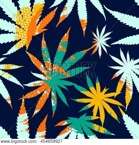 Cannabis Leaves Seamless Pattern On Dark Background.