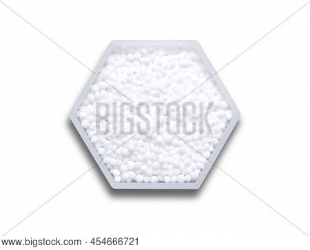 Carbamide In Hexagonal Molecular Shaped Container On White Background.