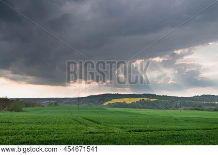 Sudeten Upland. Undulating Terrain Covered With Arable Fields, Meadows And Forests. You Can See The 