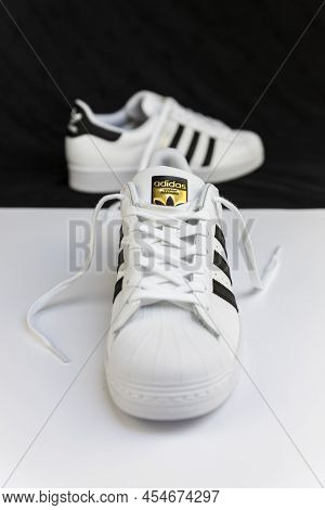 Belgrade, Serbia - May 16 , 2022 : Adidas Superstar Original White Sneakers. Sport And Fashion Footw