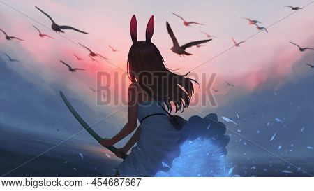 Anime Bunny Hair Girl With Birds Fantasy Digital Art Landscape Wallpaper