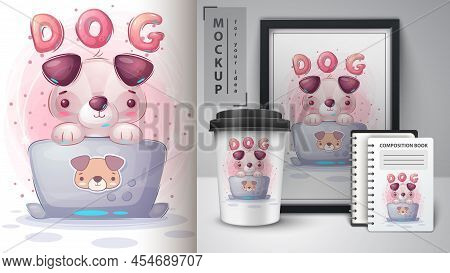 Dog Works At The Notebook Poster And Merchandising. Vector Eps 10