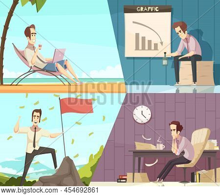 Business Success And Failure Concept 2 Retro Cartoon Banners With Money Rain And Frustration Isolate