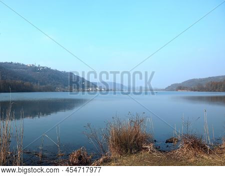 Lake Called Lago Di Fimon Near Vicenza City In Italy In Europe And The Hill Called Lapio