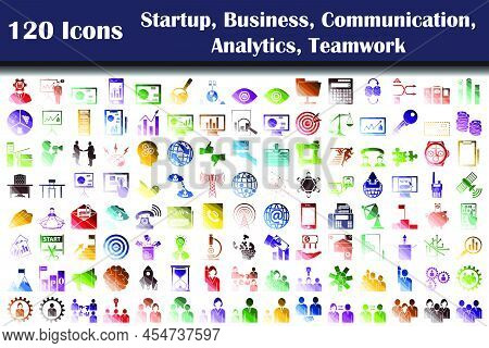 Set Of 120 Icons. Startup, Business, Communication, Analytics, Teamwork Themes. Flat Color Ladder De