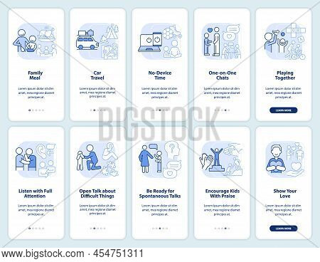 Family Relations Management Light Blue Onboarding Mobile App Screen Set. Walkthrough 5 Steps Graphic