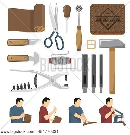 Skinner Tools Decorative Icons Set Used For Scribing Cutting Sewing Leather Goods Flat Vector Illust