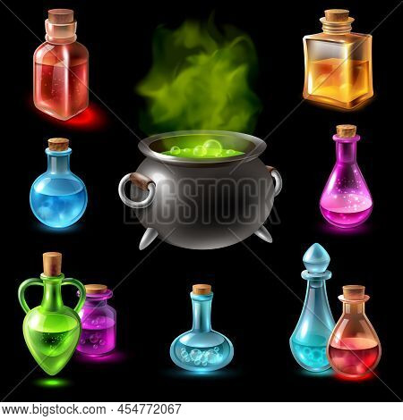 Potion Pot Cauldron Collection With Isolated Images Of Colourful Glass Tubes And Flasks With Big Pot