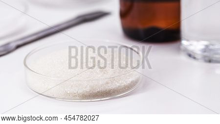 Crystals Of Acetylsalicylic Acid In Petri Dish, Chemical Component Used To Make Tablets Of Acetylsal
