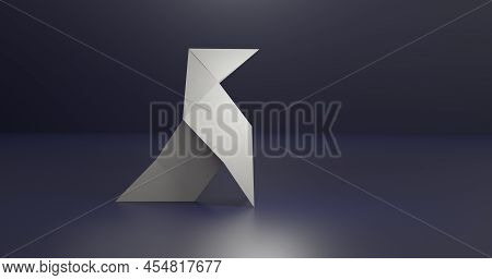 White Classic Origami Little Bird On Dark Blue Background With Copy Space. 3d Render Illustration