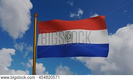 National Flag Of Paraguay Waving 3d Render With Flagpole And Blue Sky, Republic Of Paraguay Flag Tex