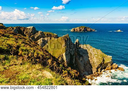 Seascape Of Atlantic Ocean And Asturias Rocky Coast At Cape Penas. Sea Shore With High Cliffs In Nor