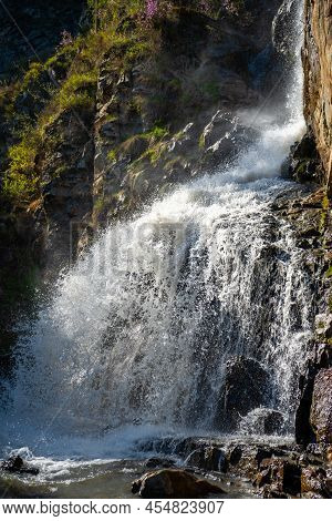 Kamysh Waterfall At Sunset Light, Spring Time In The Altai Republic, Siberia, Russia