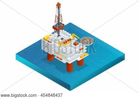Isometric Large Offshore Oil Rig Drilling Platform. Platform For Production Oil And Gas, Oil And Gas