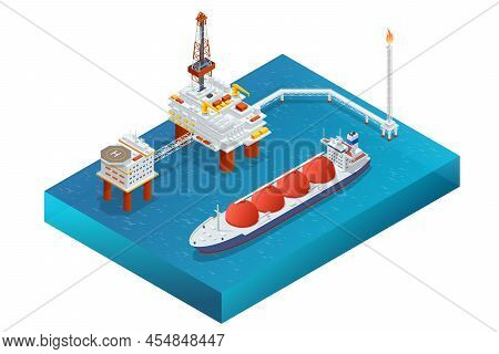 Isometric Large Offshore Oil Rig Drilling Platform. Platform For Production Oil And Gas, Oil And Gas