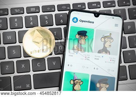 Wroclaw, Poland - Feb 10, 2022: Opensea Nft Non-fungible Token Marketplace. Investing Cryptocurrenci