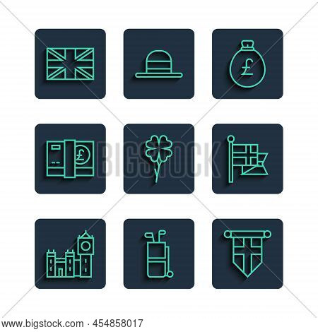 Set Line Big Ben Tower, Golf Bag With Clubs, England Flag On Pennant, Money Pound, Four Leaf Clover,