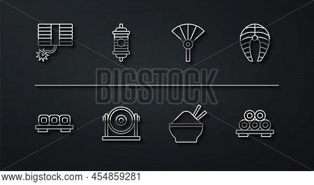 Set Line Firework, Sushi On Cutting Board, Fish Steak, Rice Bowl With Chopstick, Gong, Chinese Paper