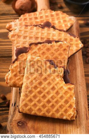 Coffee And Dutch Waffles. Espresso Coffee And Dutch Waffles Or Syrupwaffles Cookies With Chocolate O