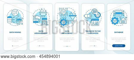 Collecting And Processing Data Blue Onboarding Mobile App Screen. Walkthrough 5 Steps Graphic Instru