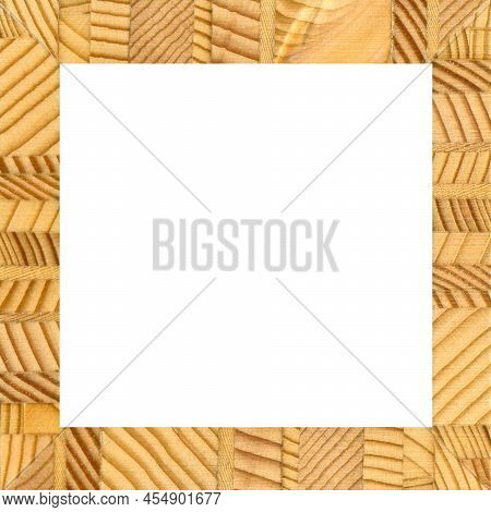 Wooden Marquetry Square Frame, Wooden Frame Made From A Combination Of Different Woods, Isolated On 
