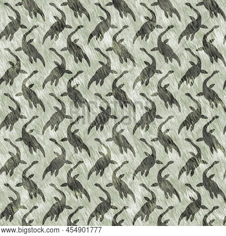 Green Hand Drawn Plesiosaur Dinosaur Seamless Pattern. Gender Neutral Jurassic Fossil Silhouette For