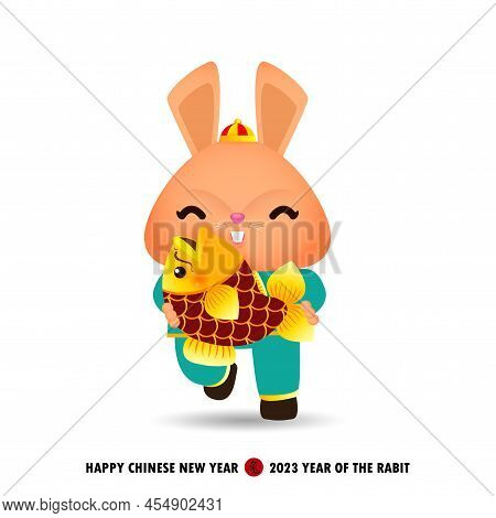 Happy Chinese New Year 2023 Greeting Card, Cute Little Rabbit Holding Gold Fish, Year Of The Rabbit 