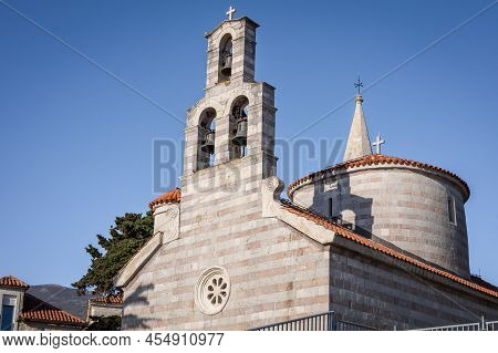 Budva, Montenegro - April 28, 2022:  A Medieval Orthodox Holy Trinity Church In Budva Old Town.