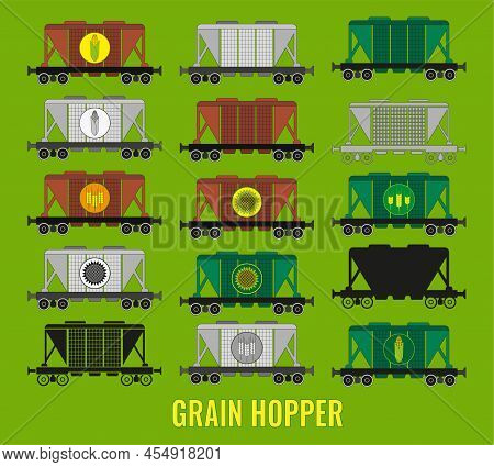 Icon Set Hopper Car For Bulk Transportation Of Grain, Corn, Sunflower And Cereal Icons. Constructor