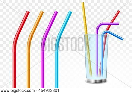 Straw Pipe Plastic Tube Vector Illustration. Glass Cup On Transparent Pipe Paper Bamboo Organic Stra