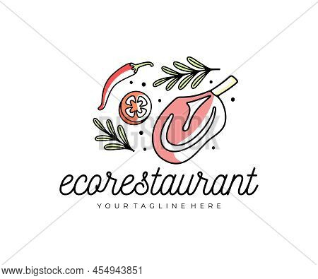 Steak With Bone, Ribeye Steak, Tomatoes, Peppers And Rosemary, Logo Design. Food, Meal, Meat, Vegeta