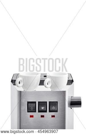 2 Ceramic Demitasse White Espresso Cups Stand On Warming Top Of A Coffee Machine, A Steel Coffee Mak