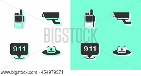 Set Sheriff Hat With Badge, Walkie Talkie, Telephone Call 911 And Security Camera Icon. Vector