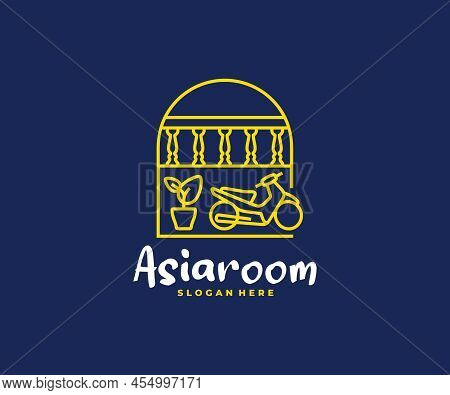 Asian Tourism Logo Design. House Exterior Asian Style Vector Design. Balcony With Columns, Plant In 