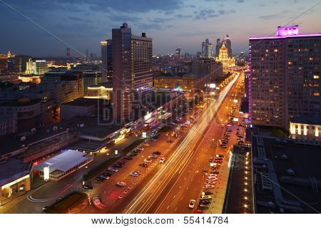 MOSCOW - MAY 12: Buildings at New Arbat Street and Hotel Ukraine at evening, on May 12, 2013 in Moscow, Russia. Length of New Arbat is 1.5 km.