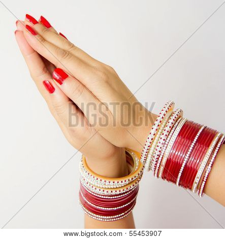 Indian married woman hands welcome gesture