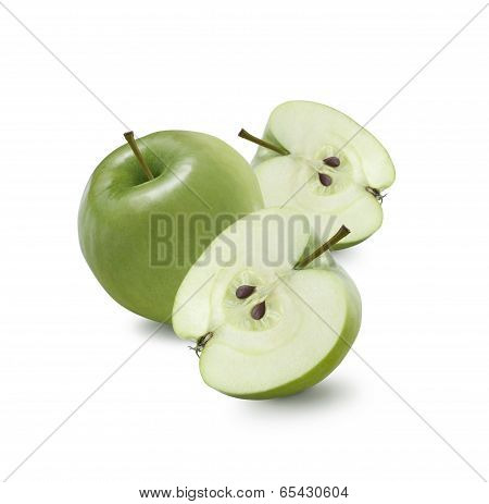 One Whole Green Apple And Two Halves Isolated On White