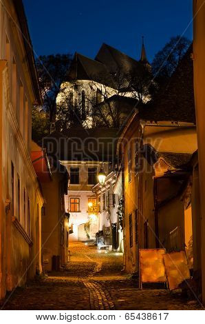 Medieval street from Sighisoara, in the night
