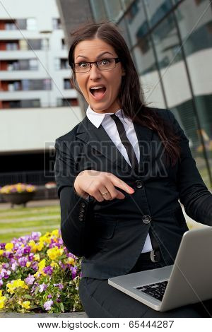 Beautiful Businesswoman Happy Pointing Her Finger At Computer