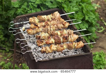 Pork Shish Kebab On Fire. Appetizing Fresh Meat Shish Kebab Prepared On A Grill Wood Coal, Outdor