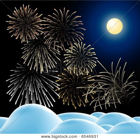 Winter Christmas Landscape With Fireworks
