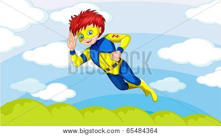 Illustration of a super hero boy in the sky