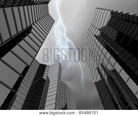 Bottom image of skyscraper with thunder lightning in sky