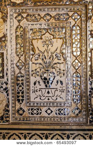 Details Of Walls In Rich Decorated Amber Fort In Jaipur, India