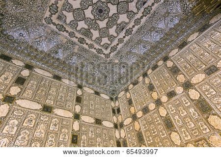 Details Of Walls In Rich Decorated Amber Fort In Jaipur, India