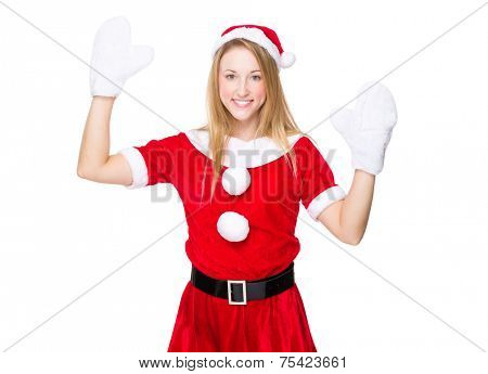 Excite woman rasie hand up