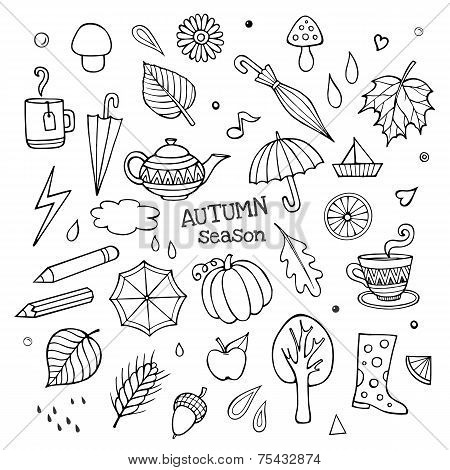 Vector set of different hand drawn autumn elements