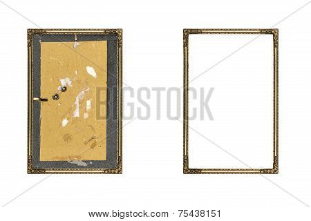 Old Golden Picture Frame With And Without Fiberboard Background, Isolated On White