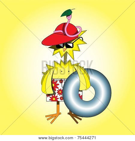 Chicken And Worm On The Beach